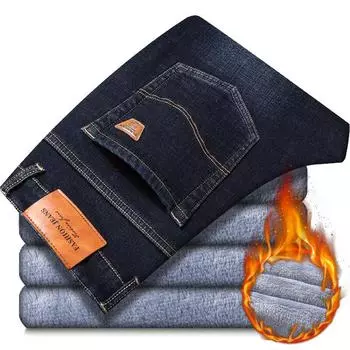 Зимние мужские флисовые черные синие джинсы деловые повседневные теплые утолщенные эластичные джинсовые брюки мужские брендовые штаны 28 синий