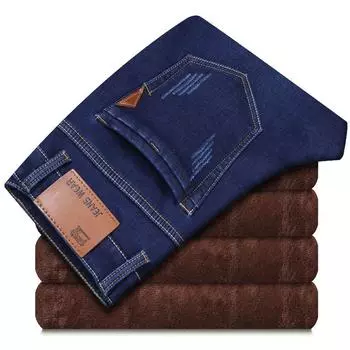 Зимние мужские флисовые теплые джинсы классического стиля, деловые, повседневные, утолщенные, стандартного кроя, джинсовые брюки черного и синего цвета 28