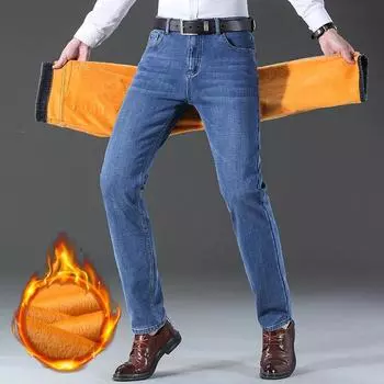 Зимние мужские флисовые теплые джинсы классического стиля, деловые, повседневные, утолщенные, стандартного кроя, джинсовые брюки черного и синего цвета 40