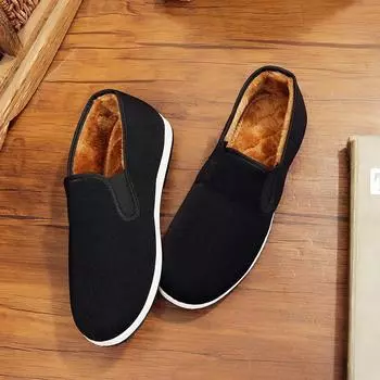 Зимние мужские хлопковые туфли, теплые бархатные туфли из старой пекинской ткани, повседневные мужские зимние туфли с эластичным полотенцем для рта из хлопка 39 чёрный