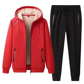 Зимние мужские комплекты, флисовая толстовка с капюшоном + брюки, комплект из 2 предметов, повседневный кашемировый спортивный костюм, мужская одежда, утолщенный теплый спортивный костюм, верхняя одежда L чёрный