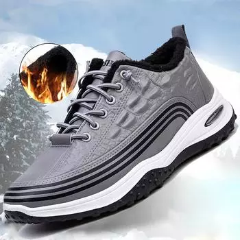 Зимние мужские кроссовки из искусственной кожи на флисовой подкладке. Уличная спортивная обувь с высоким берцем и противоскользящей подошвой. Мужские повседневные теплые кроссовки на меховой подкладке.