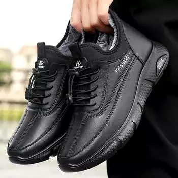 Зимние мужские кроссовки, плюшевые теплые модные зимние ботинки, спортивная повседневная обувь на платформе, водонепроницаемые противоскользящие ботинки для ходьбы на открытом воздухе 2025 39 чёрный