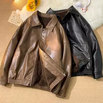 Зимние мужские куртки, повседневная кожаная одежда, винтажное флисовое стеганое пальто с лацканами, кожаная куртка из искусственной кожи M