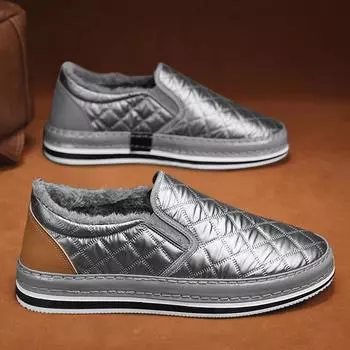 Зимние мужские мокасины из меха, теплая кожаная повседневная обувь, удобная обувь для ходьбы на открытом воздухе, для катания на коньках, легкая обувь на плоской подошве 39 серебряный