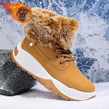 Зимние мужские плюшевые зимние ботинки для активного отдыха на открытом воздухе с высоким верхом для пешего туризма Теплая хлопковая мужская обувь Нескользящие износостойкие флисовые зимние ботинки для мужчин 39 чёрный