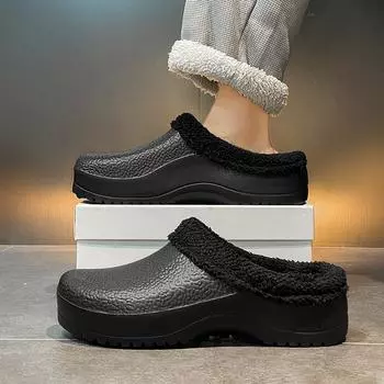 Зимние мужские поварские туфли теплые меховые мужские садовые сабо хлопковые тапочки водонепроницаемые теплые тапочки для дома и улицы спальня плюшевые тапочки для дома 41 чёрный