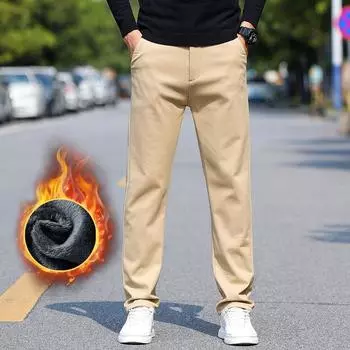 Зимние мужские повседневные классические деловые теплые плюшевые брюки обычные толстые меховые брюки мужские флисовые эластичные прямые формальные брюки 40 чёрный