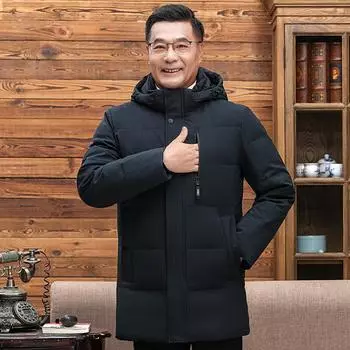 Зимние мужские пуховики среднего возраста с капюшоном, повседневные белые пуховики для мужчин, толстые теплые черные парки L чёрный