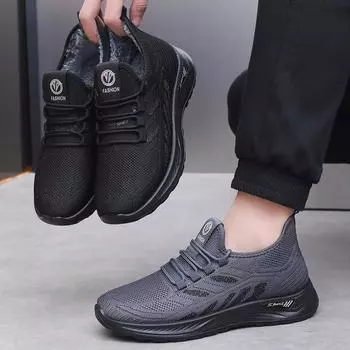 Зимние мужские рабочие туфли из бархата, повседневная спортивная обувь из хлопка, тканевые туфли, мужские хлопковые туфли, обувь для отцов среднего и пожилого возраста 39 чёрный