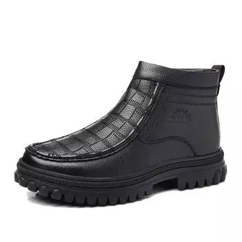 Зимние мужские слипоны на теплой шерстяной подкладке, водонепроницаемые кроссовки из натуральной кожи, мужские уличные охотничьи походные ботинки, зимние ботильоны 44 чёрный