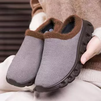 Зимние мужские тапочки, хлопковые плюс меховые туфли, женские зимние уличные теплые меховые кроссовки, нескользящая теплая меховая обувь, зимние шлепанцы на толстой платформе 35 чёрный