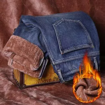 Зимние мужские теплые джинсы классического стиля повседневные высококачественные синие утолщенные джинсовые брюки мужские фирменные брюки 36 синий