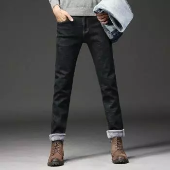 Зимние мужские теплые джинсы плюс бархатные толстые фланелевые прямые деловые повседневные мужские брюки 28