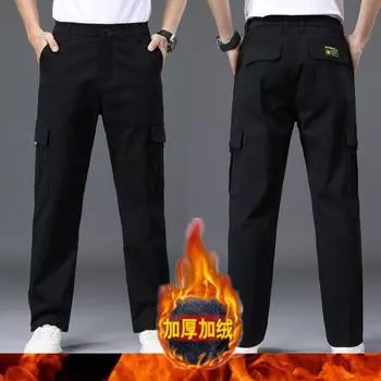 Зимние мужские теплые хлопковые эластичные рабочие брюки с толстым бархатом и свободными прямыми трубчатыми эластичными вставками на талии с несколькими карманами 28 чёрный