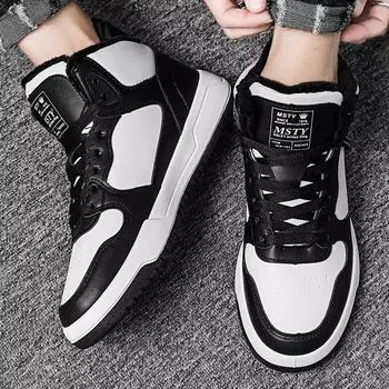 Зимние мужские теплые хлопковые походные ботинки для студентов, ботинки для снега на платформе с плюшевой подкладкой, повседневные кроссовки из кожи 38 чёрный/белый