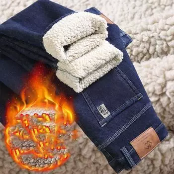 Зимние мужские теплые облегающие джинсы, деловые модные утолщенные джинсовые брюки, флисовые эластичные фирменные брюки, черные, синие 32
