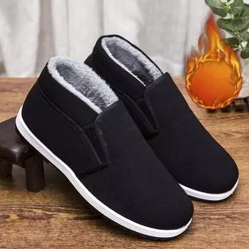 Зимние мужские туфли с толстым бархатом и высокие хлопковые туфли, рабочая обувь, парусиновая обувь, мужская теплая обувь для отдыха на открытом воздухе 38 чёрный