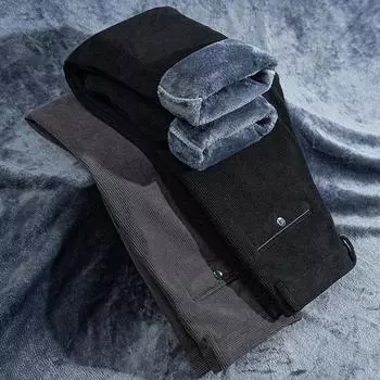 Зимние мужские вельветовые повседневные брюки теплые флисовые утолщенные классические прямые серо-черные деловые брюки 42 чёрный
