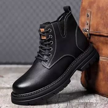 Зимние мужские водонепроницаемые ботинки на толстой подошве Мужские кожаные ботинки Кожаные туфли средней высоты Мужские ботинки из бархата и шерсти Теплые хлопковые ботинки 38 чёрный
