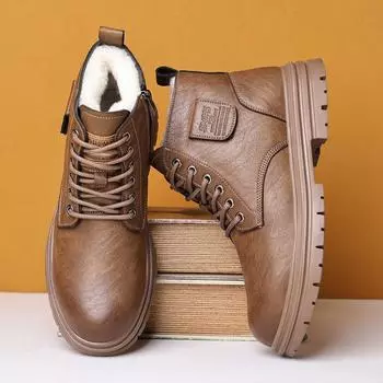 Зимние мужские зимние ботинки на меховой подкладке. Уличные противоскользящие ботильоны. Повседневная теплая рабочая обувь с высоким берцем. Мужские спортивные кожаные ботинки на флисовой подкладке на шнуровке. 38
