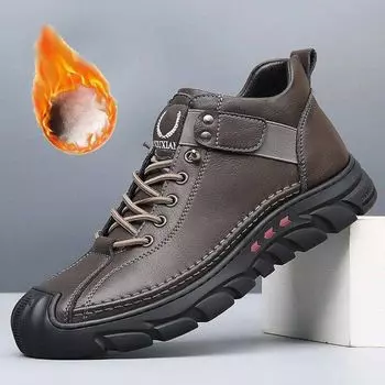 Зимние мужские зимние ботинки на меховой подкладке, толстые теплые без шнуровки, водонепроницаемые флисовые внутри, кожаные туфли с высоким берцем для мужчин, уличные ботильоны на шнуровке 38