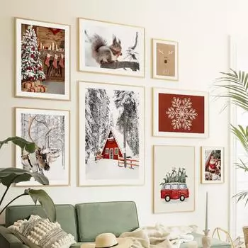 Зимние настенные картины на холсте, домашний декор, постеры, фотографии, снежный лес, красный дом, автобус, олень, белка, новогодняя елка GIF 21x30cm No Framed