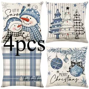 Зимние наволочки со снеговиком, снежинкой, рождественские наволочки, рождественские елки, зимние праздничные наволочки в клетку с изображением буйвола, украшения для дивана, набор из 4 штук 45cm*45cm