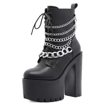 Зимние непромокаемые ботинки на высоком каблуке 15 см, популярные ботинки на платформе, средние сапоги, ботинки-локомотивы на шнуровке с цепочкой, Lhx 35 чёрный
