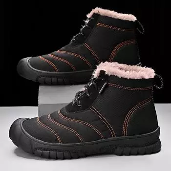 Зимние нескользящие и плюшевые теплые высокие хлопковые ботинки для отдыха на природе ботинки для походов по городу повседневная мужская обувь 38 чёрный