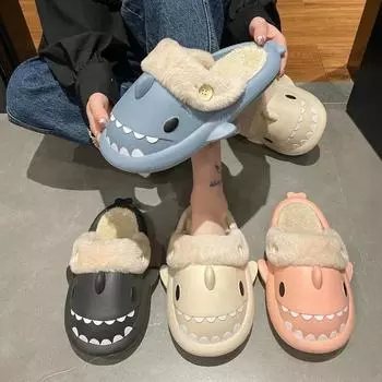 Зимние нескользящие тапочки из хлопка Shark, женские, водонепроницаемые, для дома, плюшевые, теплые, для пары, для дома, на плоской подошве, повседневные женские шлепанцы 32-33 чёрный