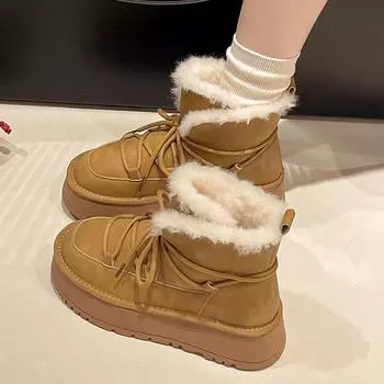 Зимние нескользящие теплые плюшевые новые шнурованные ботинки 2024 года, горячая распродажа, женские ботинки с круглым носком, модная обувь для активного отдыха на природе, женские ботинки 35 бежевый
