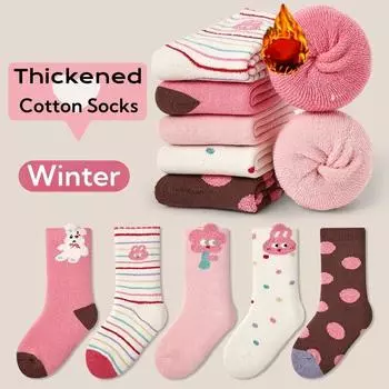 Зимние носки для девочек, теплые носки, новейшие детские термоноски, детские утепленные хлопковые носки, носки с изображением кролика из мультфильма, 5 пар/лот 1-3 years old
