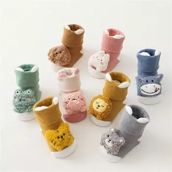 Зимние носки для малышей для мальчиков и девочек, плотные махровые теплые нескользящие детские носки на пол, детские аксессуары с героями мультфильмов, От 0 до 3 лет S зелёный