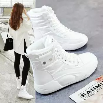 Зимние новинки корейской версии с плюшевыми высокими белыми туфлями, женские универсальные хлопковые туфли 35 чёрный