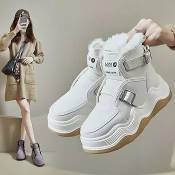 Зимние новинки корейской версии с плюшевыми высокими зимними ботинками, модные для студенток, повседневная теплая хлопковая обувь для женщин 35 бежевый