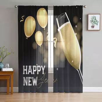 Зимние новогодние бокалы для вина, фейерверки, прозрачные шторы для гостиной, спальни, тюлевые занавески для кухни, вуаль, шторы, жалюзи, панели 135W x 114H(cm)