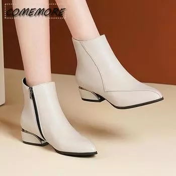 Зимние новые 2025 года, заостренные однотонные боковые молнии с квадратным каблуком, верхняя кожаная одежда, женские теплые универсальные удобные повседневные ботинки из искусственной кожи 35 бежевый