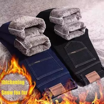 Зимние новые эластичные и плюшевые толстые мужские джинсы из меха снежной лисы, прямые свободные повседневные хлопковые брюки 29