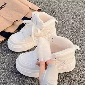 Зимние новые бархатные теплые женские хлопковые туфли 2024 года, высокие белые туфли, повседневные кроссовки 35 чёрный