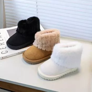 Зимние новые бежевые ботильоны для девочек, модные универсальные пушистые детские повседневные хлопковые ботинки, нескользящие утолщенные теплые детские зимние ботинки 22 чёрный