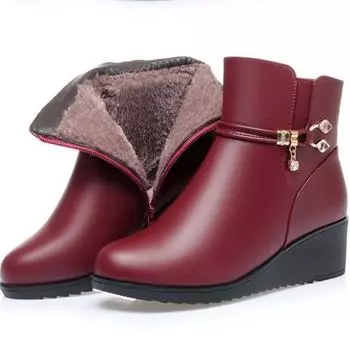Зимние новые ботильоны на плоской подошве, женские кожаные короткие ботинки, женские плюшевые туфли 35 вино красного