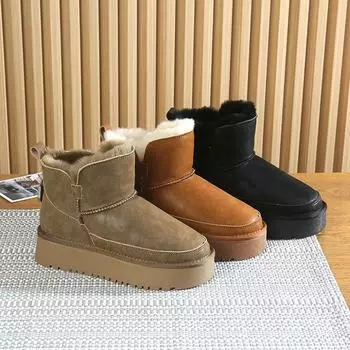 Зимние новые ботинки 2024 года, женские меховые, короткие, на толстой подошве, с шерстяной утолщенной водонепроницаемой хлопковой обувью 35 малиновый