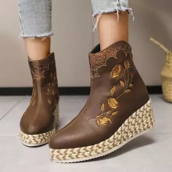Зимние новые ботинки из натуральной кожи с круглым носком, женские зимние теплые ботинки на платформе с цветочным принтом 2024 года 36 хаки