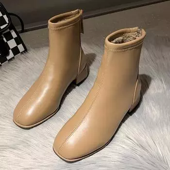 Зимние новые ботинки на толстой подошве с круглой кожаной поверхностью и плюшем для тепла и комфорта, короткие женские сапоги на толстом каблуке 34 бежевый