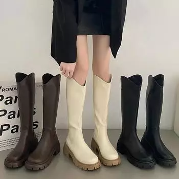 Зимние новые брендовые женские длинные сапоги, модные круглые носки, молнии, женские элегантные сапоги до колена с толстой подошвой, обувь 2024 35 коричневый