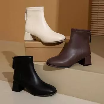 Зимние новые британские модные ботинки с застежкой-молнией сзади, женские универсальные короткие ботинки из кожи и замши с грубым каблуком 35 бежевый