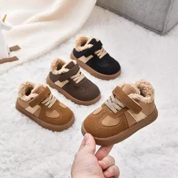 Зимние новые черные повседневные туфли для мальчиков в стиле ретро из хлопка большого размера из термокожаного хлопка 23 кофейный