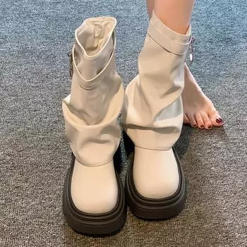 Зимние новые дизайнерские ботинки на толстой подошве 2024 года, женские ботинки челси на платформе, плиссированные туфли на среднем каблуке в стиле панк-байкерские ботинки 35 бежевый