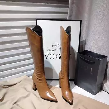 Зимние новые грубые каблуки одинарные сапоги женские модные остроносые сапоги на высоком квадратном каблуке 34 чёрный